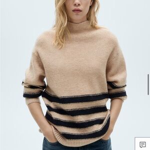 Mango Beige and Black Striped Turtleneck Sweater